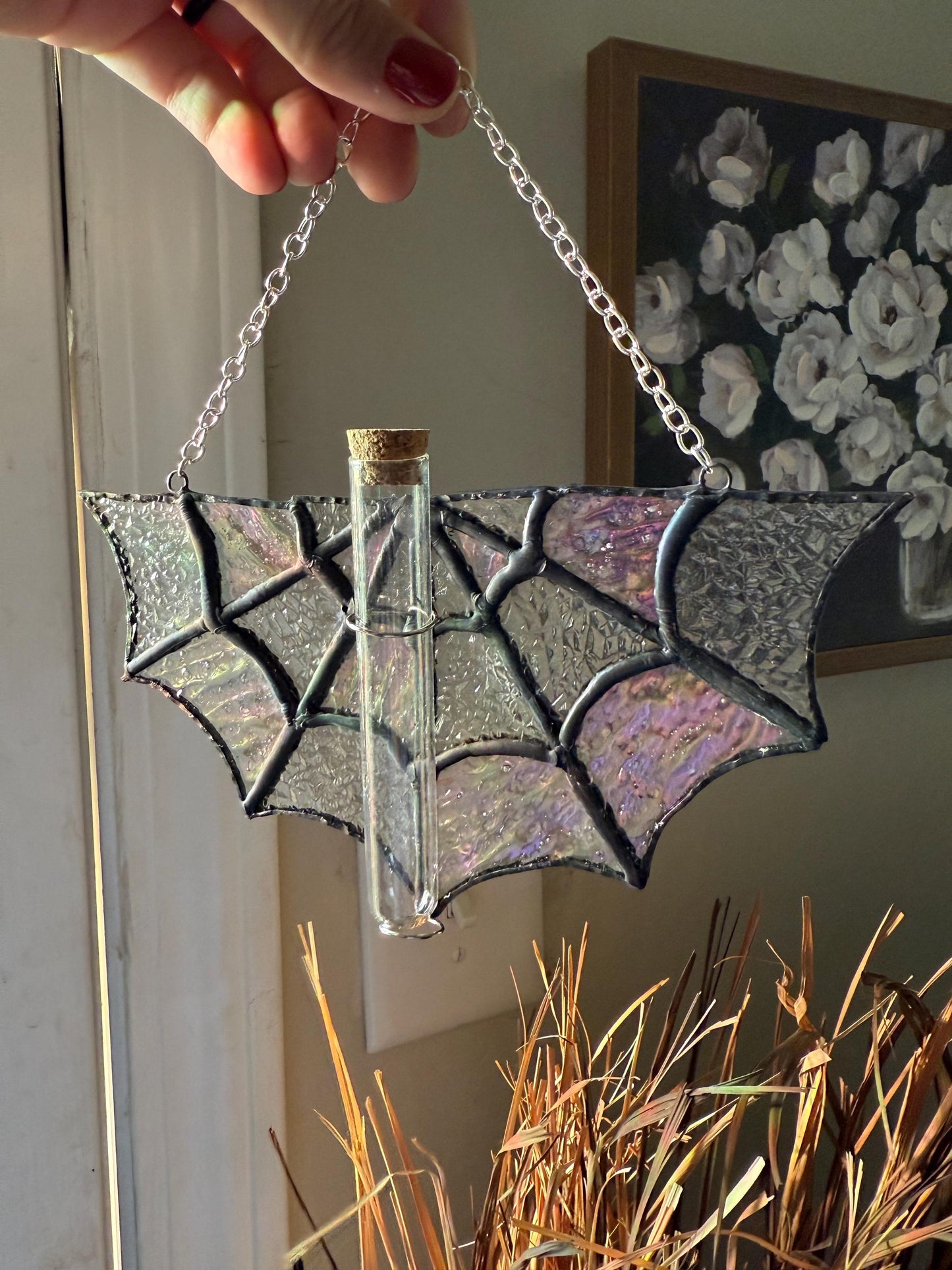 Spiderweb Stained Glass Plant Propagation Station: Gothic Window Decor
