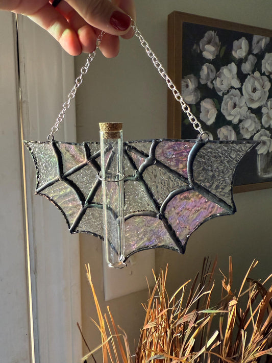 Spiderweb Stained Glass Plant Propagation Station: Gothic Window Decor
