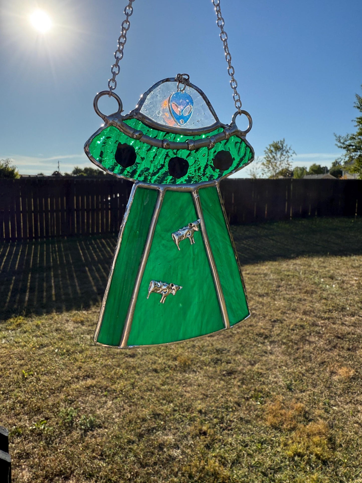 UFO Alien Cow Abduction Stained Glass Suncatcher | Goth Babe Decor | Halloween Window Decor