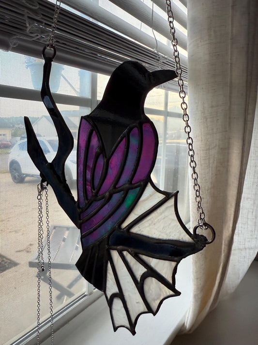 Spiderweb Raven Stained Glass Suncatcher with Detachable Spider Pendant Necklace | Crow Stained Glass | Goth Babe Decor