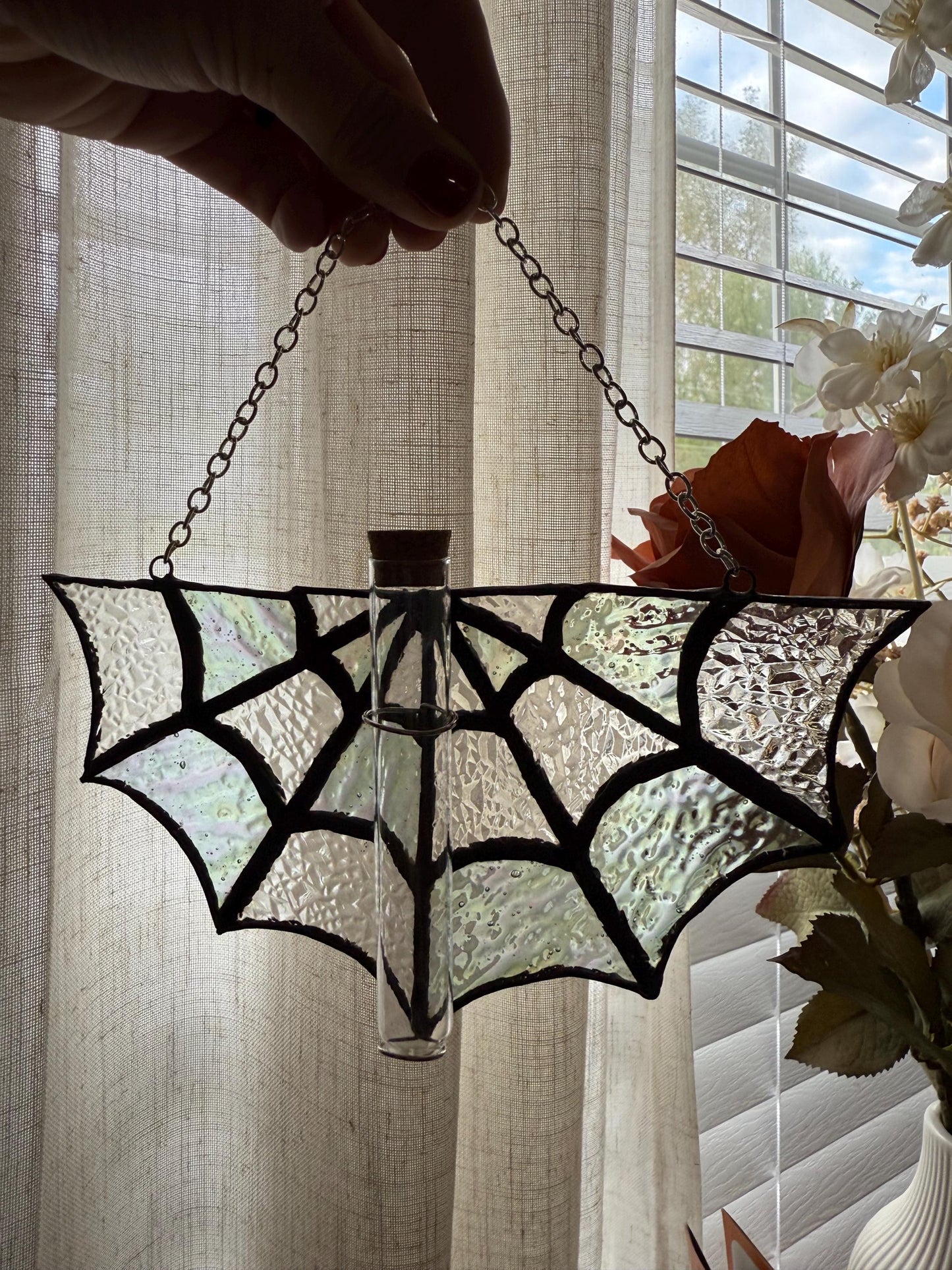 Spiderweb Stained Glass Plant Propagation Station: Gothic Window Decor