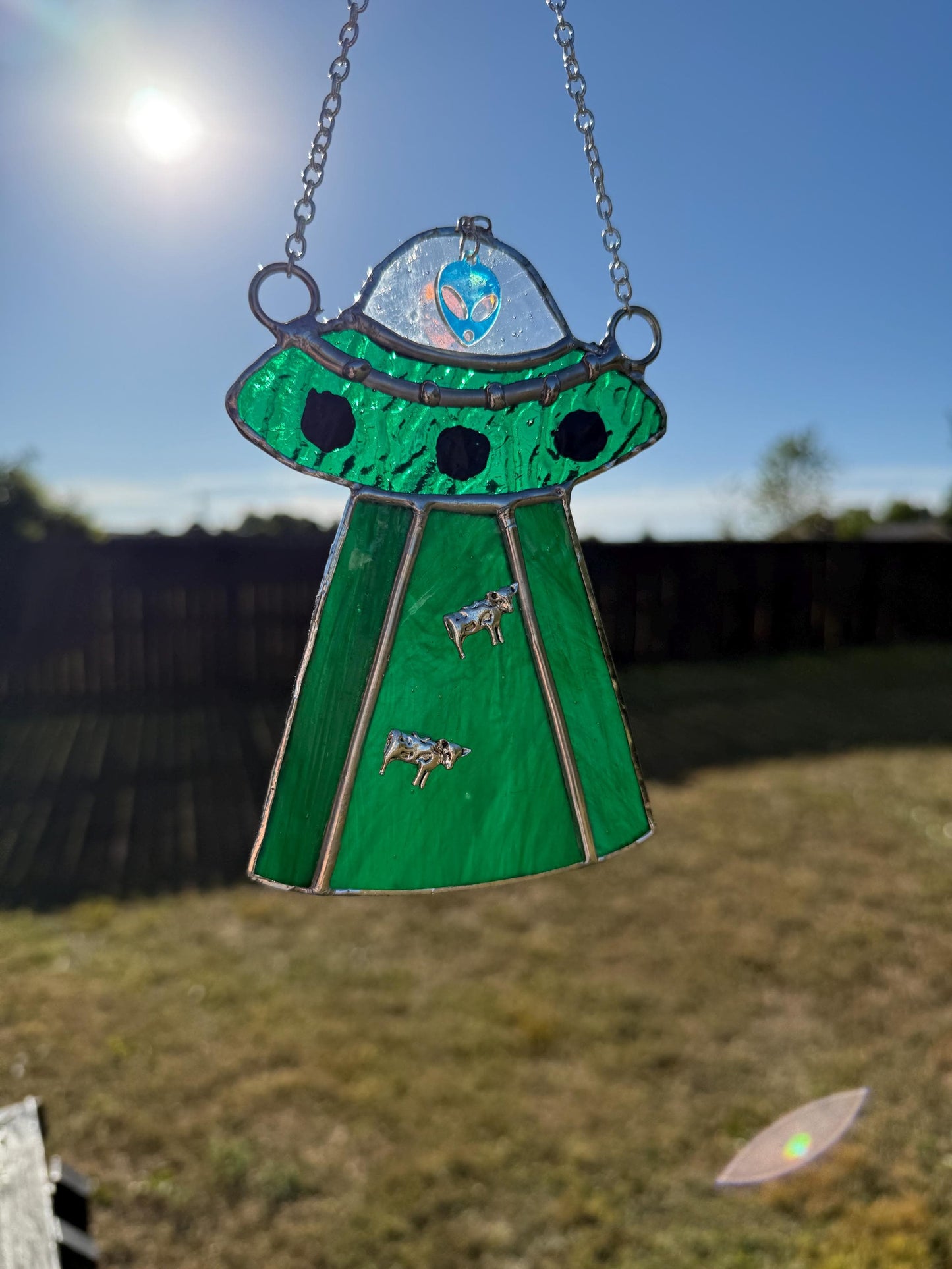 UFO Alien Cow Abduction Stained Glass Suncatcher | Goth Babe Decor | Halloween Window Decor
